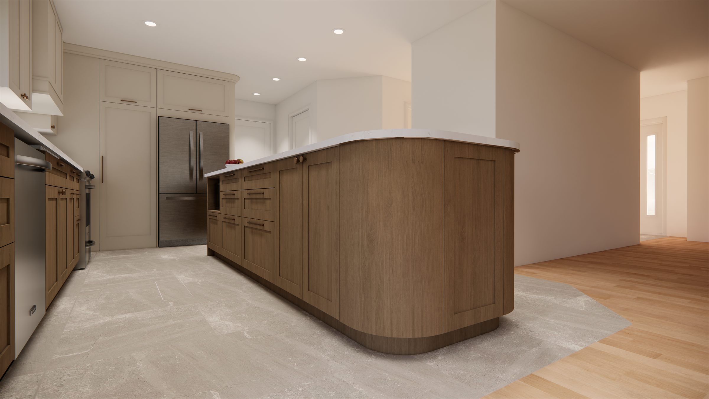 Rendu 3D de l'extrémité arrondie de l'îlot en bois, pensée pour une circulation plus sécuritaire, cuisine familiale à Québec